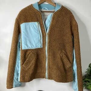 Free People Rivington Sherpa Jacket Amber Brown & Blue XS Oversized Full Zip
